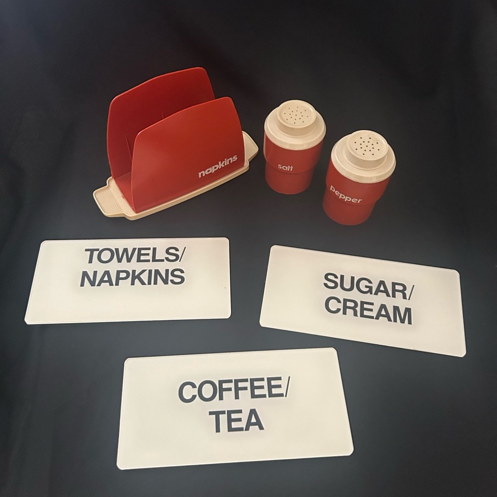 Vintage Set Orange Countertop Napkin Holder Salt & Pepper Shakers retro signs 😊